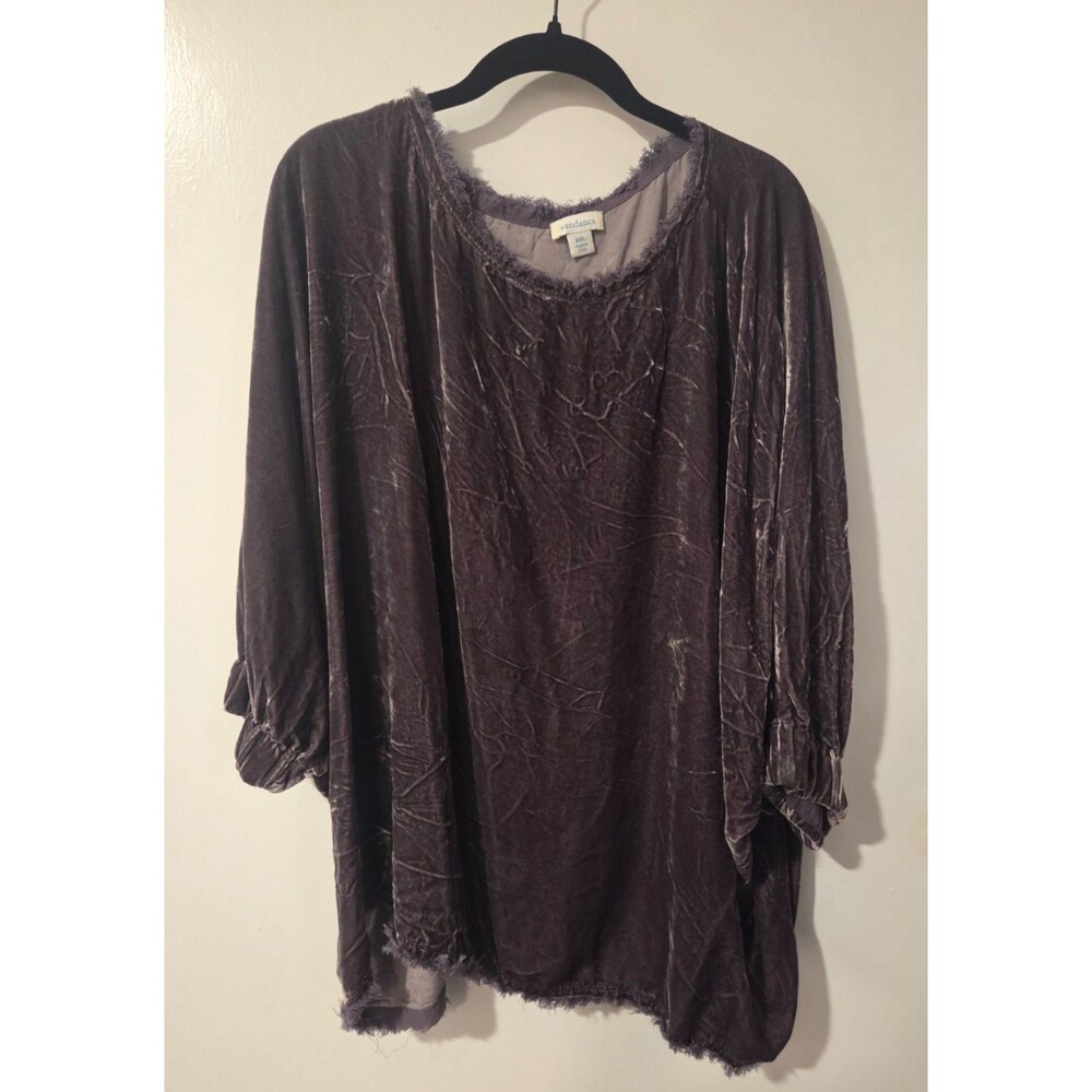 Sundance Sz XXL Silk Blend Alannah Purple Velvet Fringe Neck Short Sleeve Top